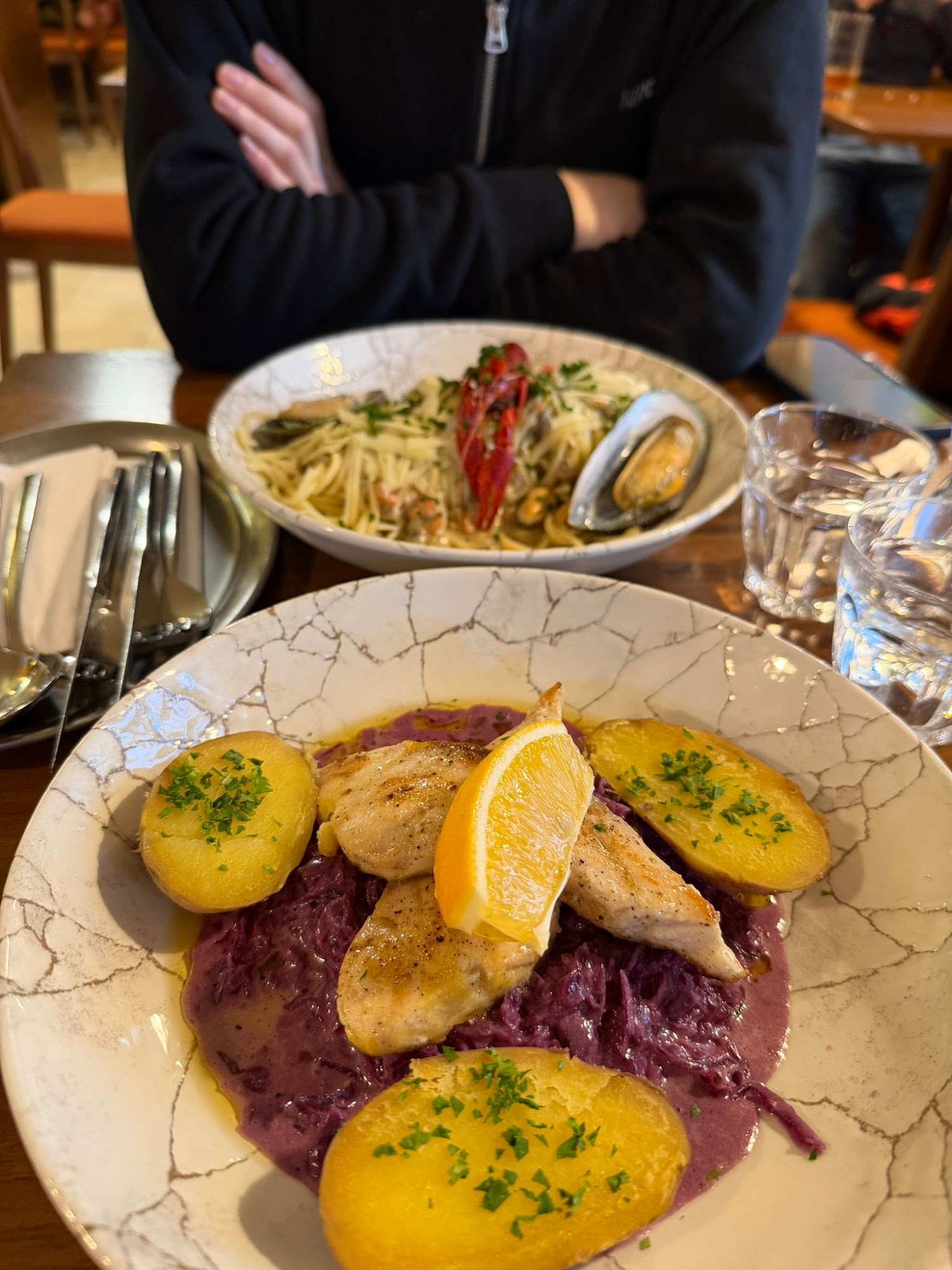 Fish and seafood pasta dish at Café Derbl